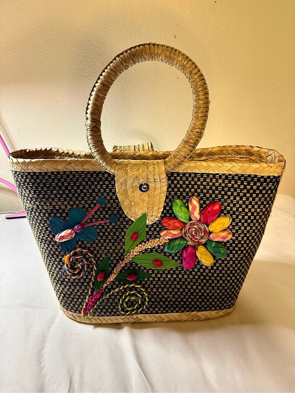Woven Embroidered Tote in Black & Natural